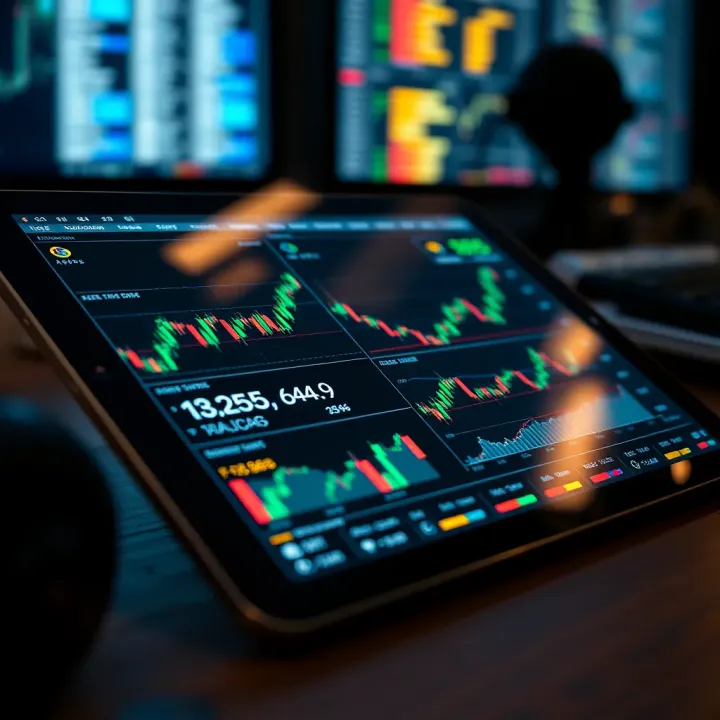 Close-up of an iPad displaying stock market charts and trading interface