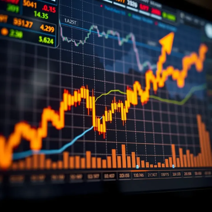 Graph showing upward trend with trading charts and financial data