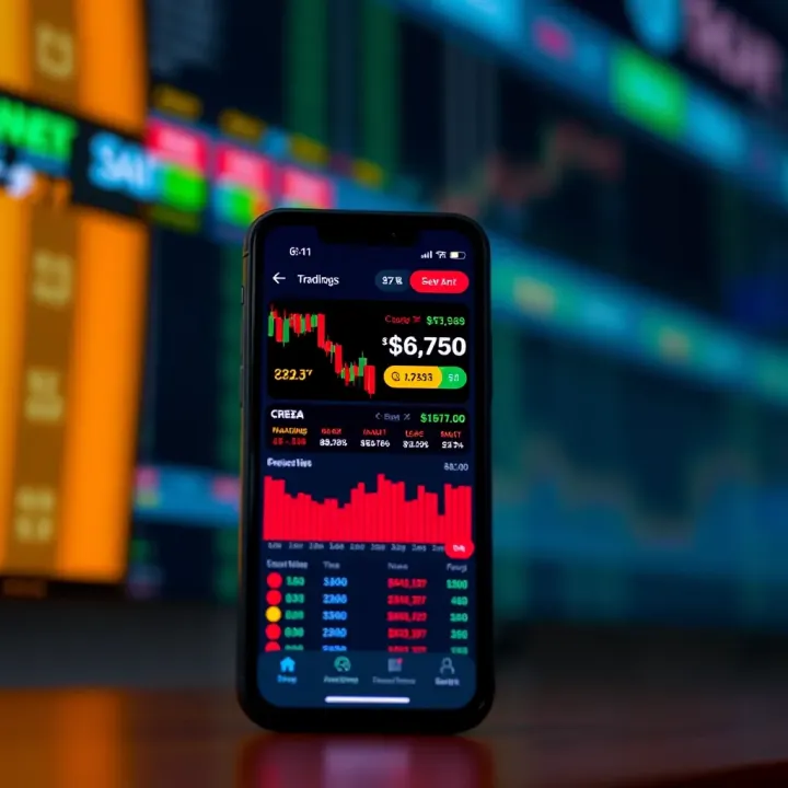 Mobile phone screen displaying a user-friendly trading app interface with charts and market data