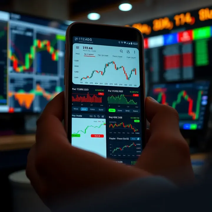 Mobile device displaying various trading app interfaces with real-time stock charts and financial data
