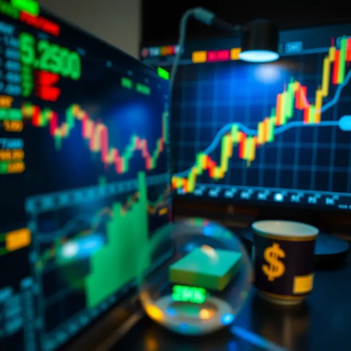 Stylized illustration of currency symbols and investment charts
