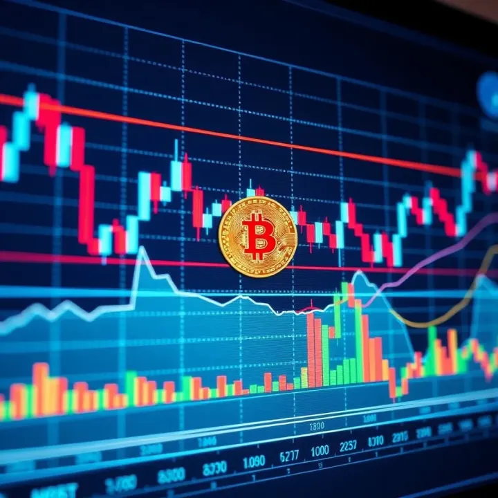 Graph showing Bitcoin price fluctuations with candlestick patterns and trend lines