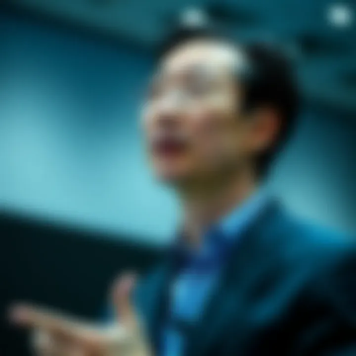 Portrait of Andrew Ng delivering a lecture on artificial intelligence