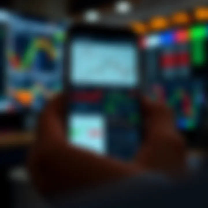 Mobile device displaying various trading app interfaces with real-time stock charts and financial data