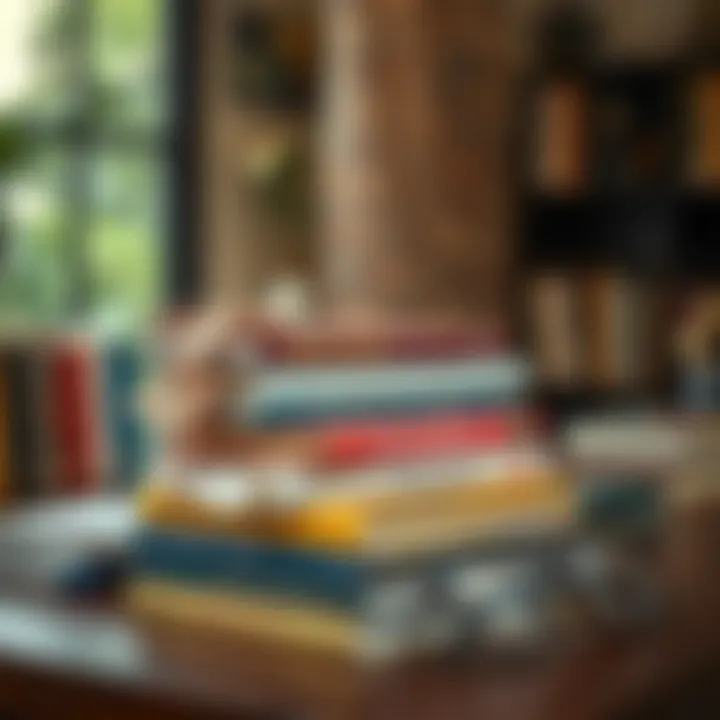 Stack of bestselling books authored by Chetan Bhagat on a wooden desk with reading glasses