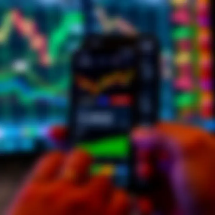 Demo Trading App Interface with Stock Charts User interface of a demo trading app showing various stock charts and trading options on a smartphone