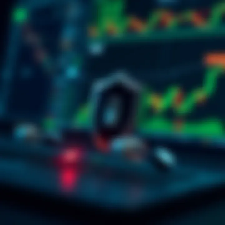 Secure online trading environment with digital shield and financial icons representing protection