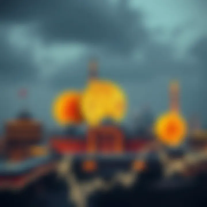 Illustration of digital currency symbols over Indian financial landmarks with predictive analytics