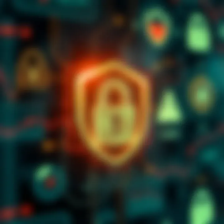 Conceptual illustration of safety measures and secure trading with digital locks and protection icons