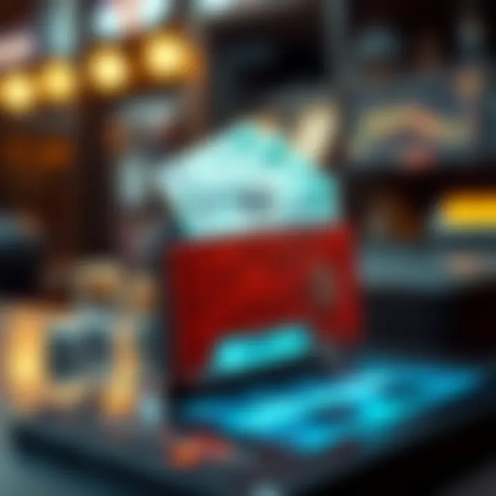 Illustration of digital wallet with currency notes emerging