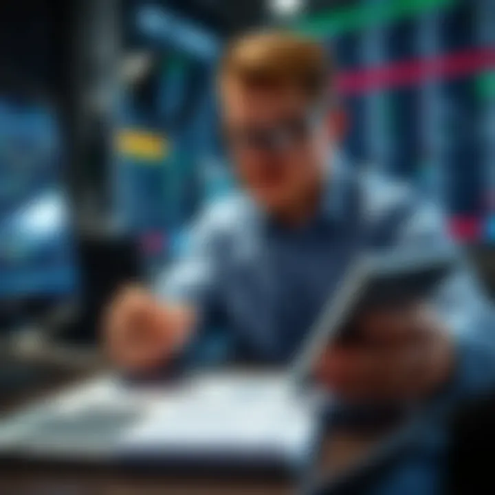 Conceptual graphic showing forex trader using technology for pip calculation and risk management