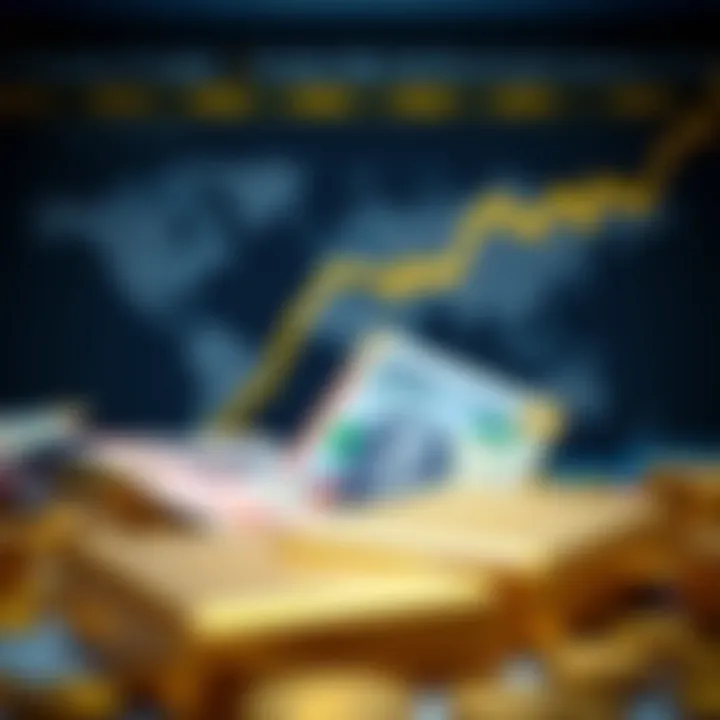 Illustration of gold bars with Indian currency notes and global market symbols
