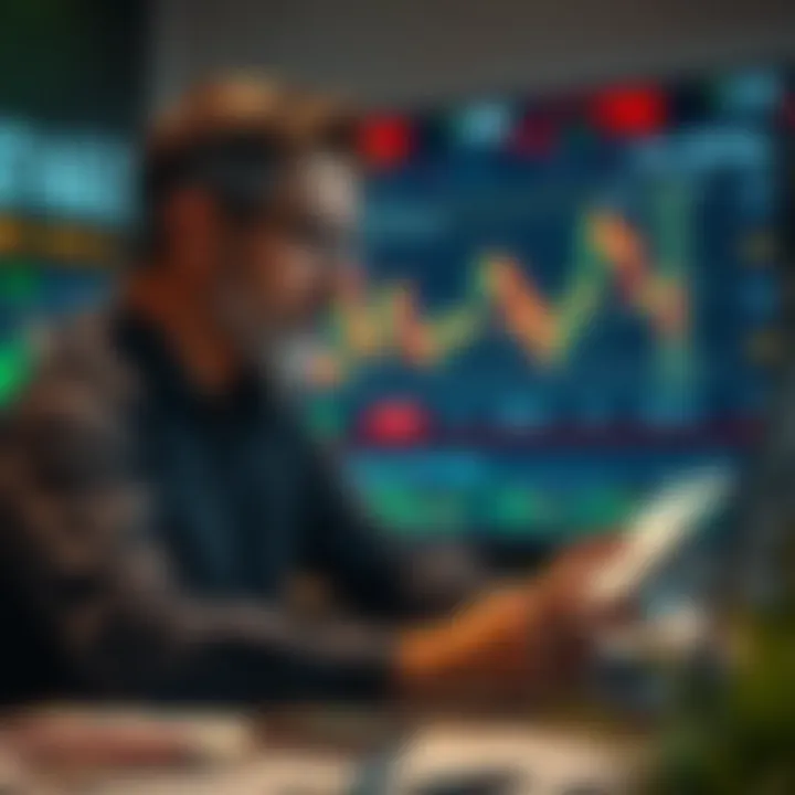 Illustration of a business analyst studying market charts and financial reports