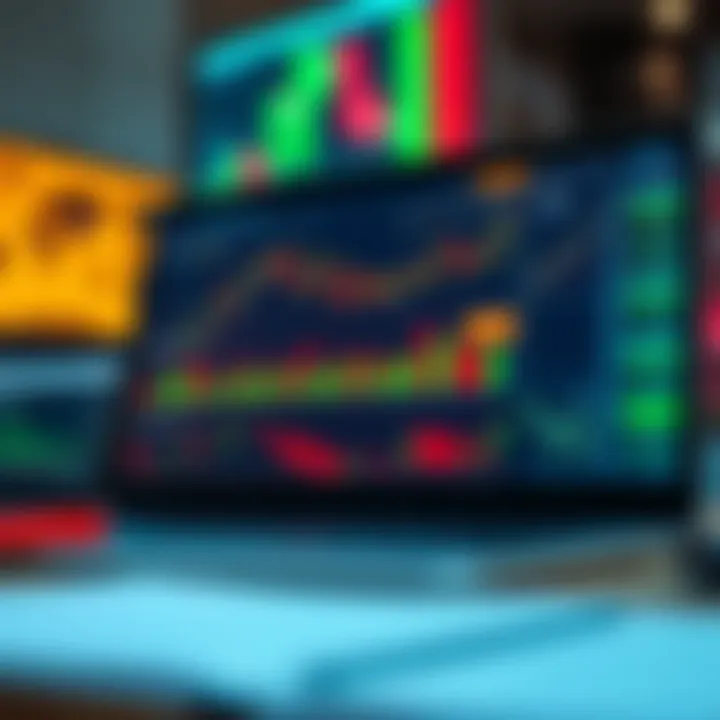 Online Trading Platform with Financial Graphs and Analytical Tools Laptop displaying an online trading platform with financial graphs and tools
