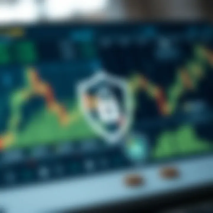 Graphic depicting secure financial data protection with shield icons and digital safety symbols in an online trading context