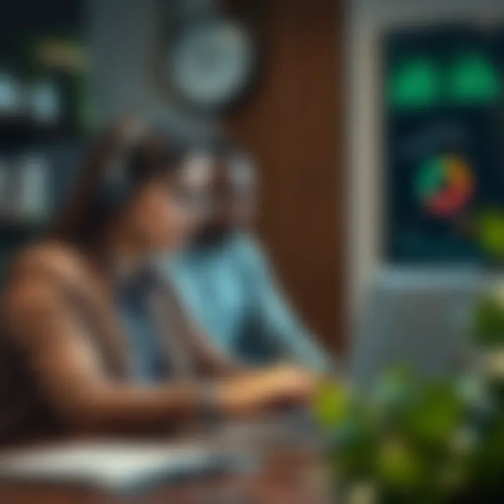 Customer support representative assisting a trader using a laptop