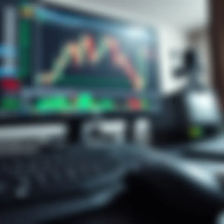 Computer keyboard and mouse with a monitor showing technical chart analysis on Quotex trading platform