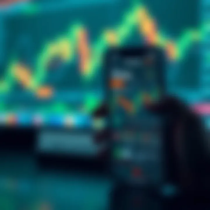 Mobile phone displaying a trading app interface with charts and financial data