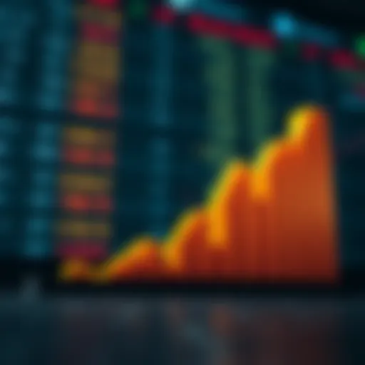 Graph showing upward trend in stock prices with financial data in the background