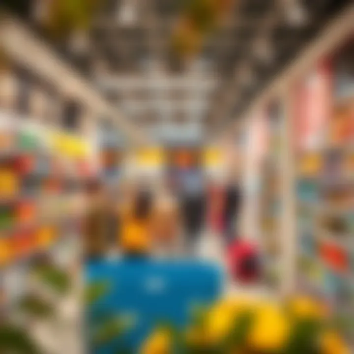 Modern retail store interior showcasing diverse product shelves and customer activity