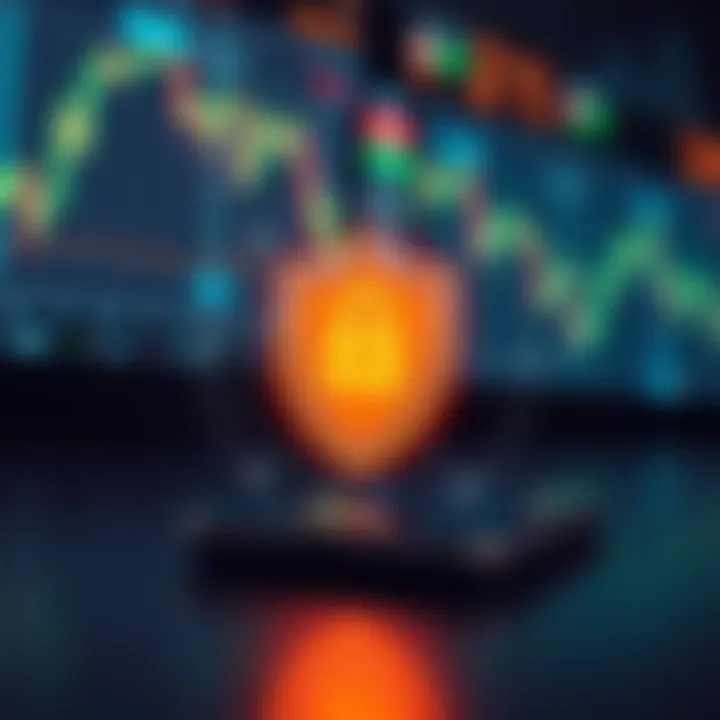 Conceptual illustration of digital security shield protecting financial data on a smartphone and stock market charts