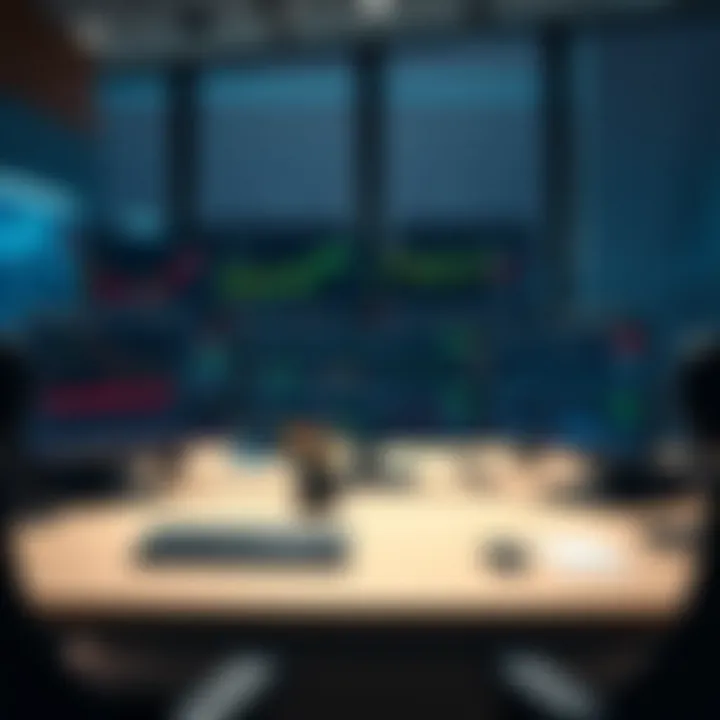 An elegant desk setup featuring multiple monitors displaying various trading dashboards and analytics