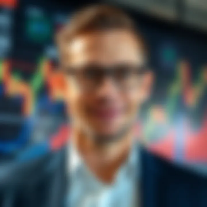 Portrait of Alex Becker with digital marketing icons and business graphs in the background
