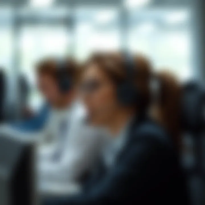 Customer service representative using headset to communicate with client