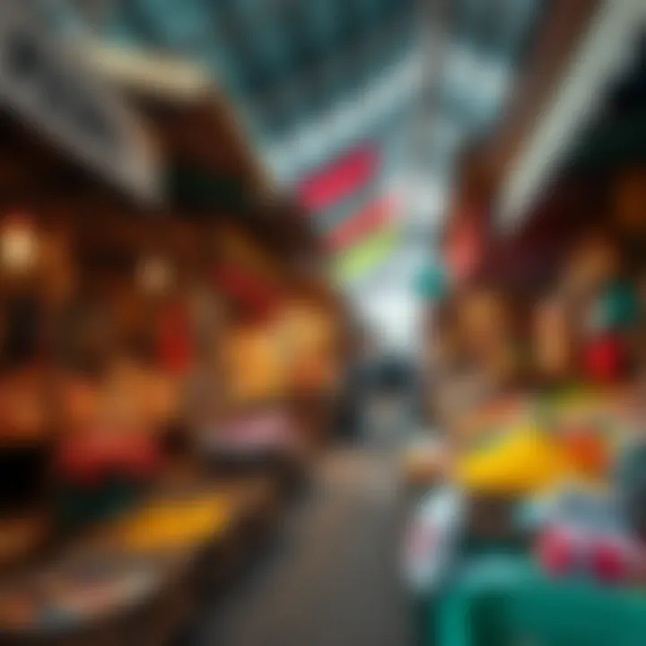 Vibrant traditional market with various local goods displayed on wooden stalls under colorful canopies
