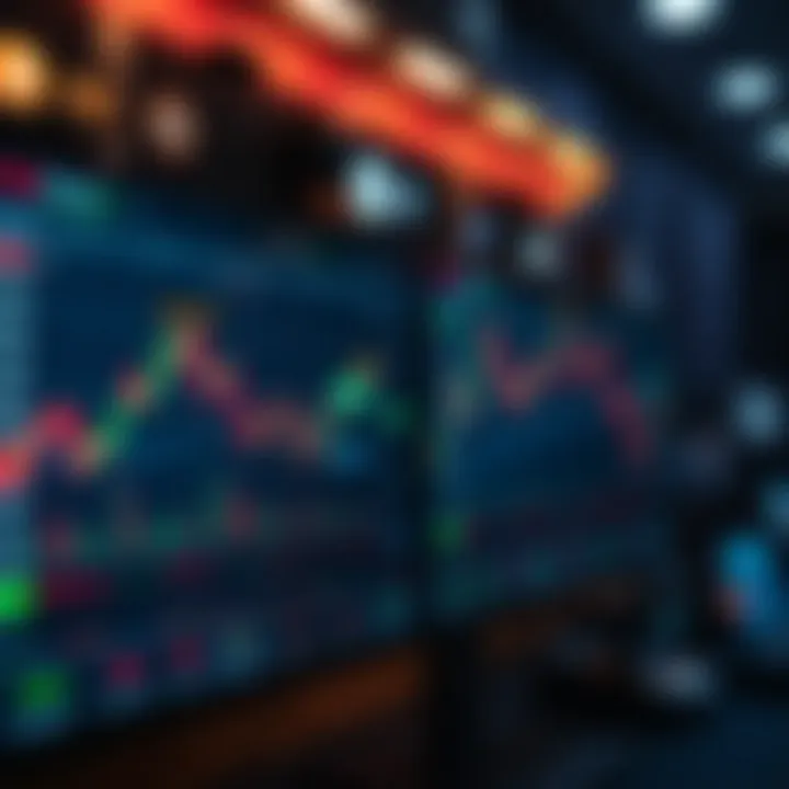 Digital interface displaying cryptocurrency trading charts and virtual currency icons