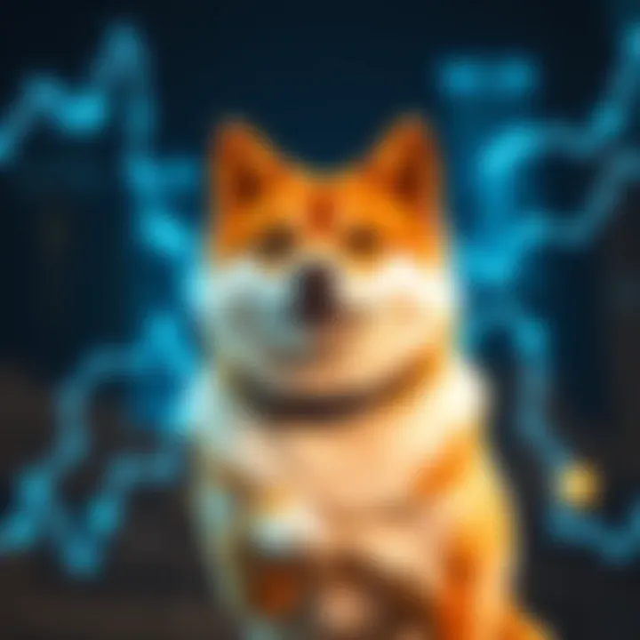 Shiba Inu dog with digital blockchain graphics symbolizing Dogecoin's meme origin and crypto technology