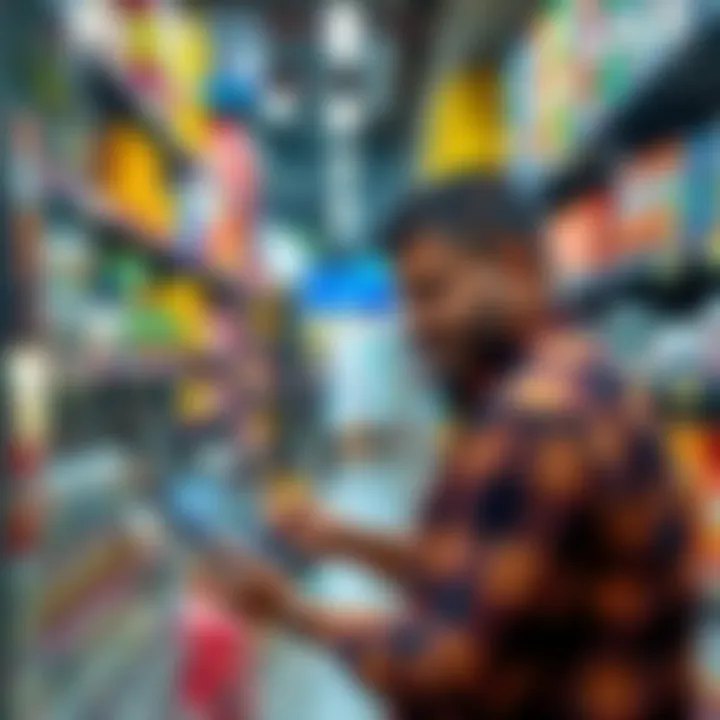 Retail store owner reviewing inventory options on a digital tablet with product shelves in the background
