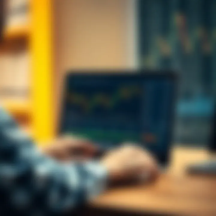 Illustration of a trader using a laptop to practice forex trading with charts and analytics on screen