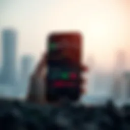 Mobile phone displaying a real money trading app interface with various trading options and charts