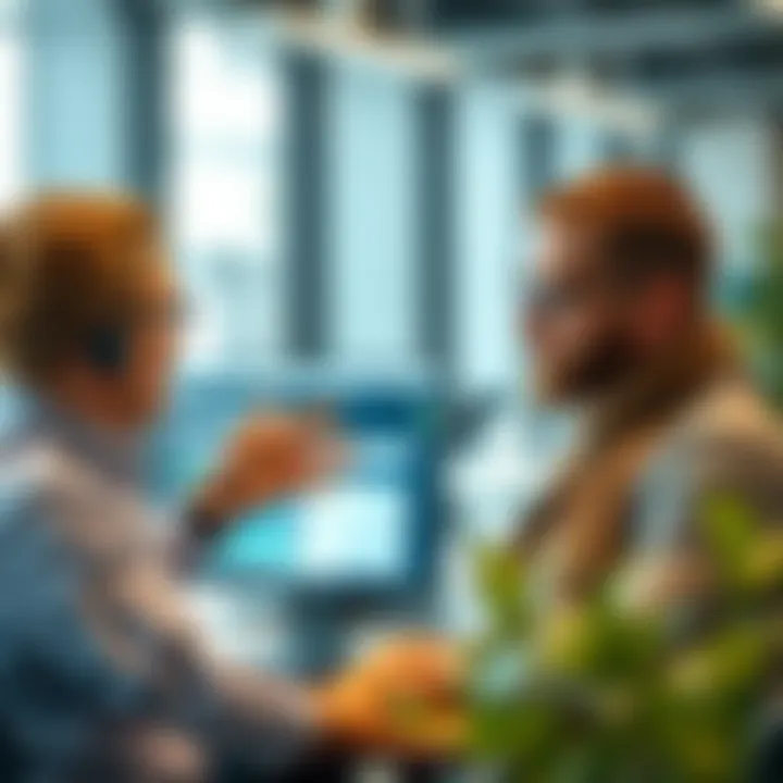 Business professional demonstrating software features to a client in a modern office setting