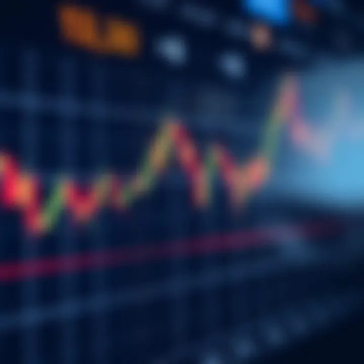 Graph showing cryptocurrency market trends with digital currency symbols and trading candlesticks