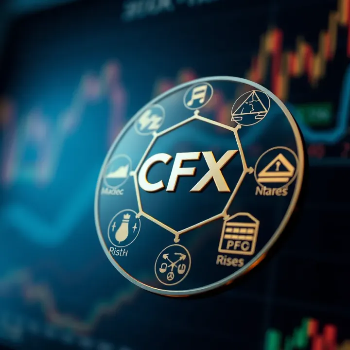 Illustration of factors impacting CFX coin valuation with icons representing market forces and risks