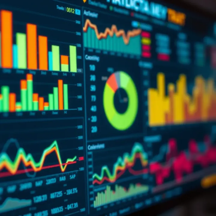 Various types of charts including bar, pie, and line charts displayed on a digital interface
