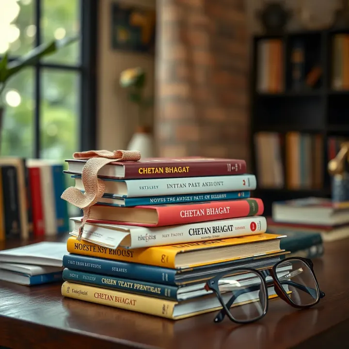 Bestselling Books of Chetan Bhagat Stack of bestselling books authored by Chetan Bhagat on a wooden desk with reading glasses