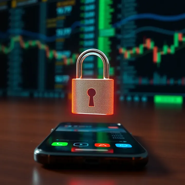 Secure digital padlock overlaying a smartphone to represent app security in financial trading