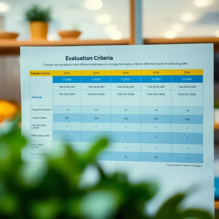 Comparison chart showing evaluation criteria for different alternatives in consumer decisions