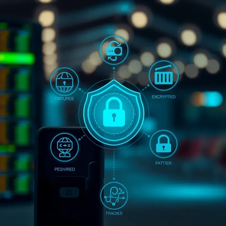 Graphic showing secure trading app features including encryption and authentication icons