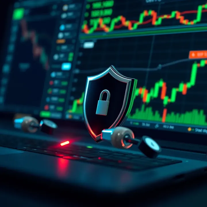 Secure online trading environment with digital shield and financial icons representing protection