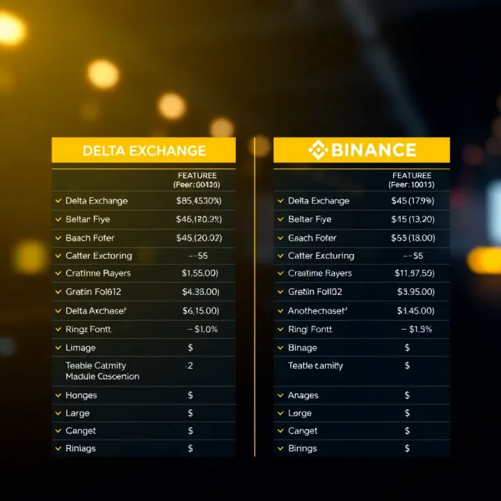 Comparison chart showcasing key features and fees of Delta Exchange and Binance platforms