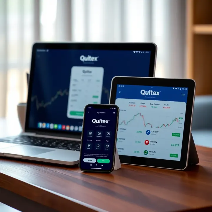 Quotex Application on Multiple Devices Compatible devices including smartphone, tablet, and laptop displaying Quotex application