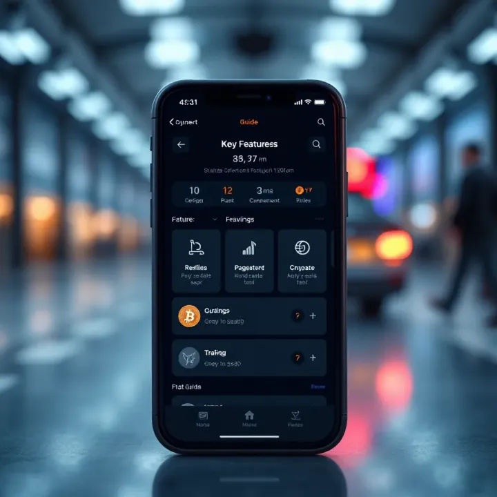 User interface showcasing main features of the app on a smartphone screen