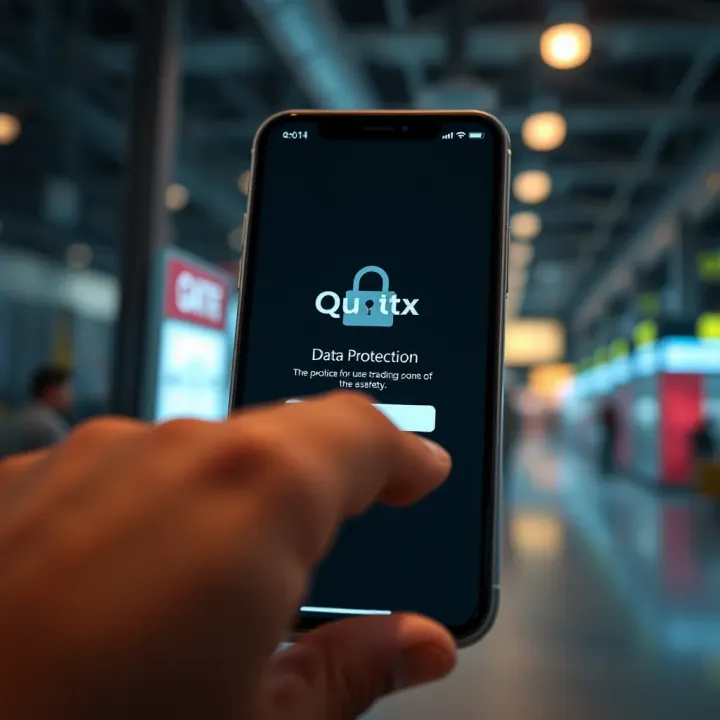 Secure login screen of the Quotex app emphasizing data protection and user safety