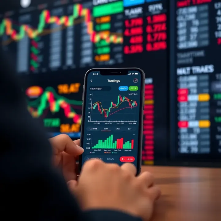 Mobile phone displaying a secure trading app interface with stock market charts and data
