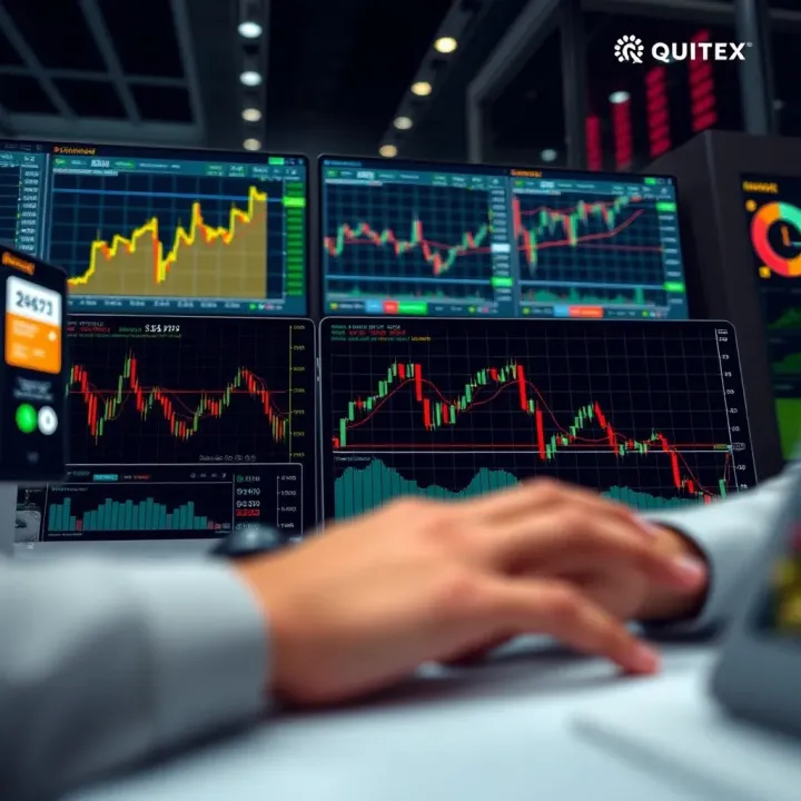 Illustration of multiple trading options including digital options and forex with charts and analytics
