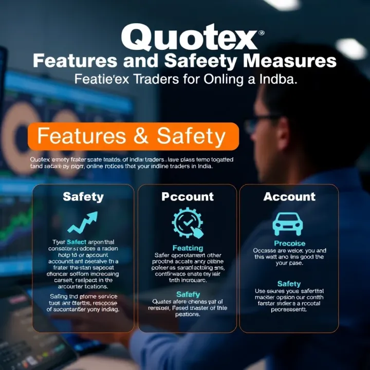 Infographic displaying key features, safety protocols, and account options of Quotex tailored for online traders in India